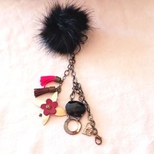 KEY CHAIN Leather Flower DANGLE Bag Purse Charm Black Pendant Faux Fur MINK Pom